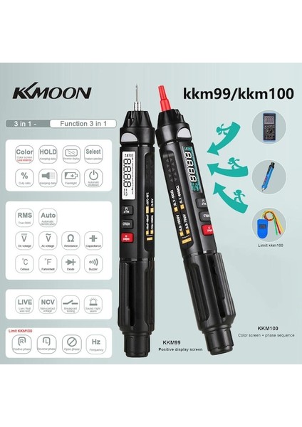 KKM100-ENG-KKMOON KKM99/KKM100 Dijital Multimetre Büyük Ekran Yüksek Çözünürlüklü 1hz 10MHZ Mini Taşınabilir Akıllı Ac/dc Multimetre Test Cihazı (Yurt Dışından) fiyatları