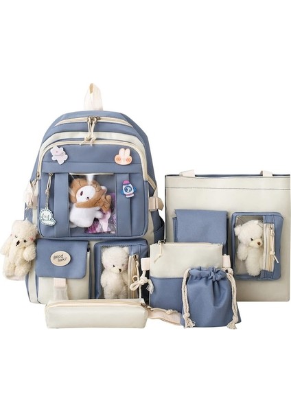 Heamor Kawaii Sırt Çantası 5 Adet Set Estetik Okul Çantaları 17IN Rozet ve Kolye Ile Sevimli Kitap Çantası, Omuz Çantası, Kalem Kutusu, Bez Çanta, Küçük Çanta - Blue (Yurt Dışından)