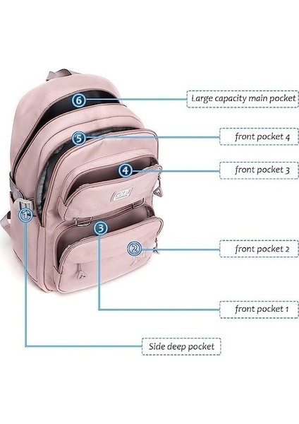 JLD-9375 Çok Gözlü Suya Dayanıklı Günlük Okul Sırt Çantası Pembe (Yurt Dışından)