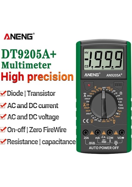 Sarı-Aneng DT9205A+ Dijital Multimetre Ac/dc Profesyonel Transistör Test Cihazı Elektrik Multimetro Ncv Test Ölçer Otomatik Aralık Ture Rms (Yurt Dışından) fiyatları