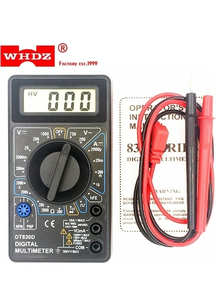Whdz DT-830D Buzzer Ile Mini Dijital Multimetre Aşırı Yük Koruması Güvenlik Voltajı Amper Ohm Test Probu Dc Ac LCD Siyah (Yurt Dışından)