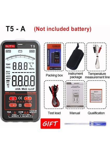 T5 Bir-Njty T5 Dijital Akıllı Multimetre 6000 Countsture Rms Ac/dc Akım Gerilimi Ncv Direnç-Kapasitör Ultra-Ince Taşınabilir Test Cihazı (Yurt Dışından)