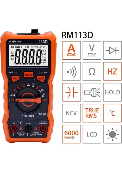 113D Turuncu-Rıchmeters RM113D Ncv Dijital Multimetre 6000 Sayım Otomatik Değişen Ac/dc Voltaj Ölçer Flaş Arka Işık Büyük Ekran 113A/D (Yurt Dışından)