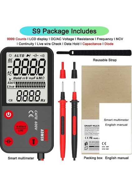 S9 LCD Ekran-Bsıde Mini Dijital Multimetre 9999 Ebtn Ekran Multimetro Dc Ac Voltmetre Kapasitans Diyot Ncv Ohm Canlı Süreklilik Hz Test Cihazı (Yurt Dışından)