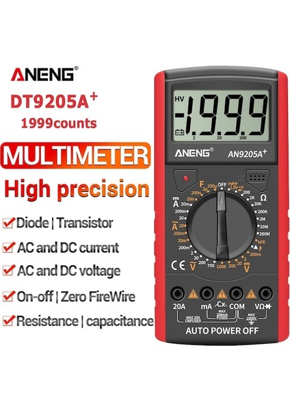 Mavi-Aneng DT9205A+ Dijital Multimetre Ac/dc Profesyonel Transistör Test Cihazı Elektrik Ncv Test Ölçer Analog Otomatik Aralık Multimetro (Yurt Dışından) fiyatları