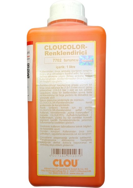 Su Bazlı Renklendiriciler 1ltCLOU Colour 7702 Turuncu  ahşap Renklendirici 1lt