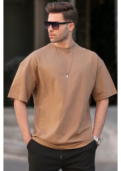 Erkek Kapuçino Oversize Fit Basic T-Shirt 6066