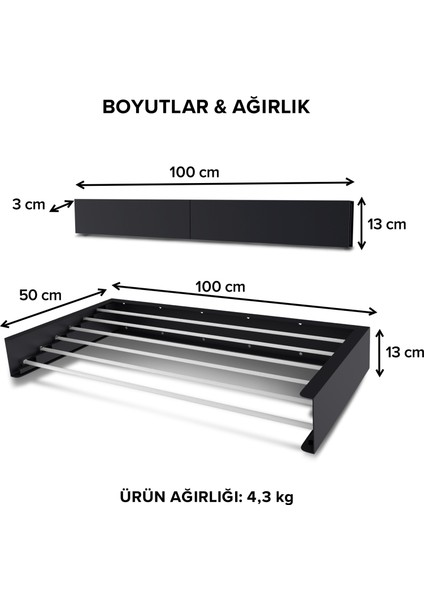 Belize 100 Cm Katlanabilir Çamaşır Kurutma Askısı, Duvara Monte Kurutmalık, 6 Boru, 30 Kg, Paslanmaz