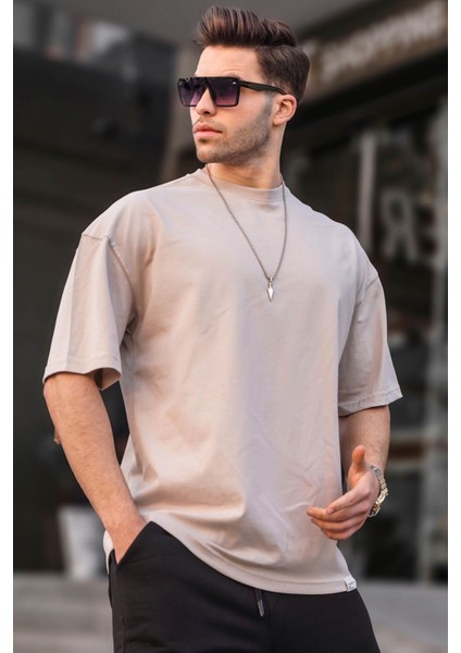 Erkek Taş Rengi Oversize Fit Basic T-Shirt 6066