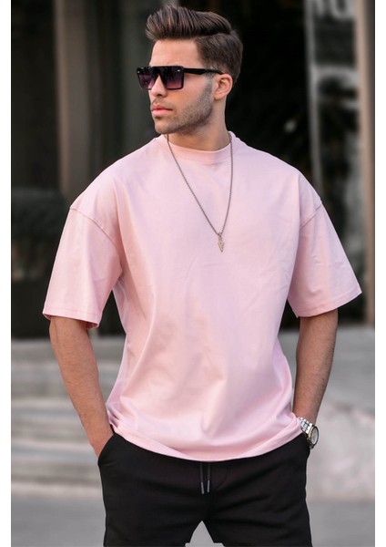 Erkek Toz Pembe Oversize Fit Basic T-Shirt 6066