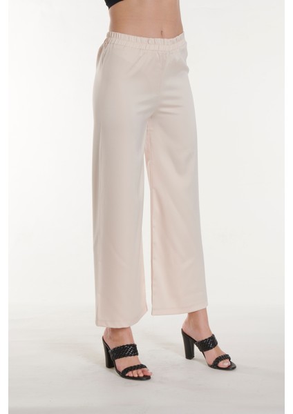 Ekru Beli Lastikli Saten Pantolon