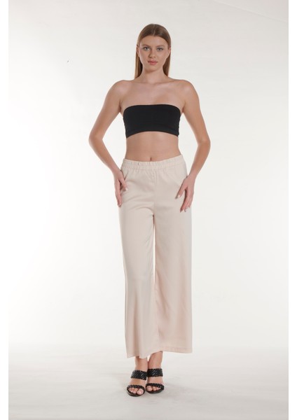 Ekru Beli Lastikli Saten Pantolon