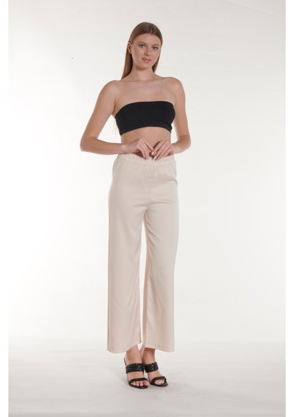 Ekru Beli Lastikli Saten Pantolon