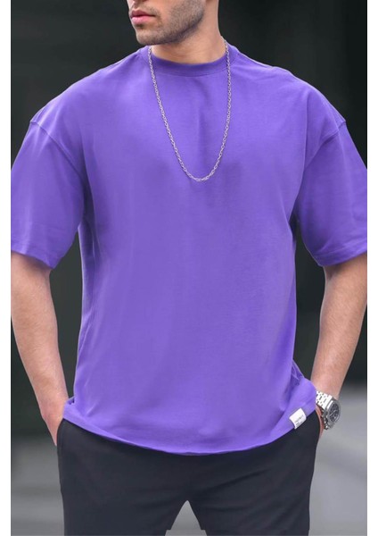 Erkek Mor Oversize Fit Basic T-Shirt 6066