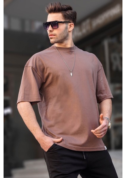 Erkek Kahverengi Oversize Fit Basic T-Shirt 6066
