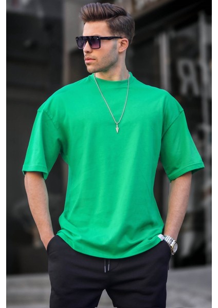 Erkek Parlak Yeşil Oversize Fit Basic T-Shirt 6066