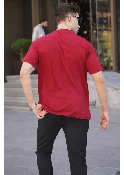 Bordo Baskılı Over Fit Erkek Tişört 6111
