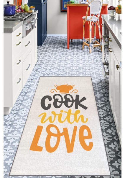 Şapka Desenli Cook With Love Sloganlı Bej Modern Dekoratif Mutfak Halısı