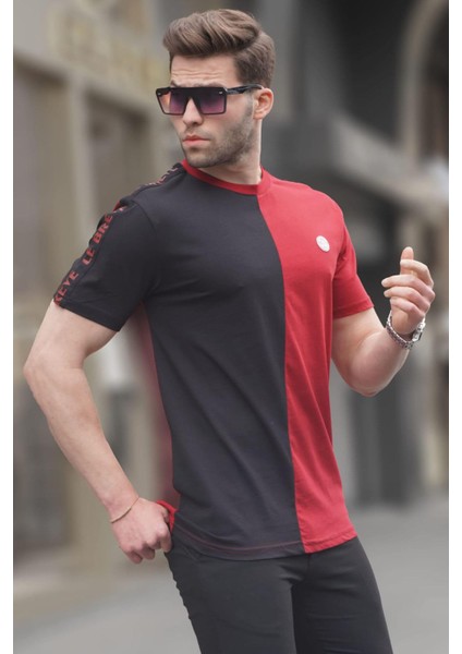 Bordo Renk Bloklu Bisiklet Yaka Erkek T-Shirt 5398