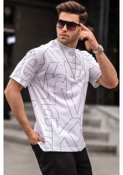 Erkek Beyaz Harf Desenli Bisiklet Yaka T-Shirt 6061
