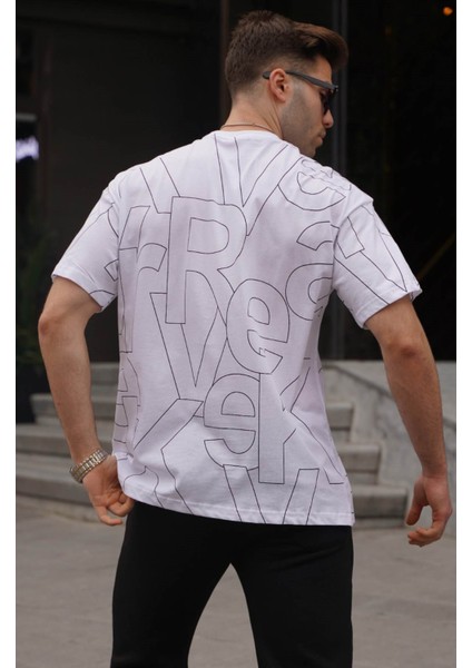 Erkek Beyaz Harf Desenli Bisiklet Yaka T-Shirt 6061 fiyatları