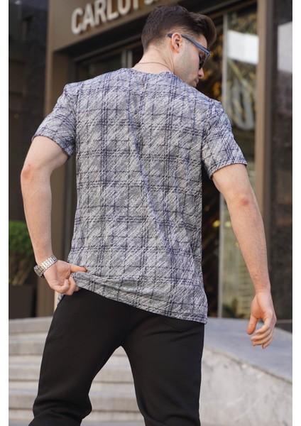 Lacivert Desenli Bisiklet Yaka Erkek T-Shirt 6070
