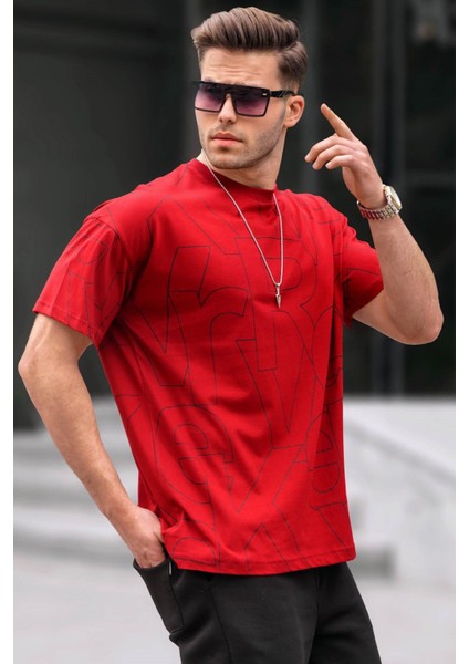 Erkek Bordo Harf Desenli Bisiklet Yaka T-Shirt 6061