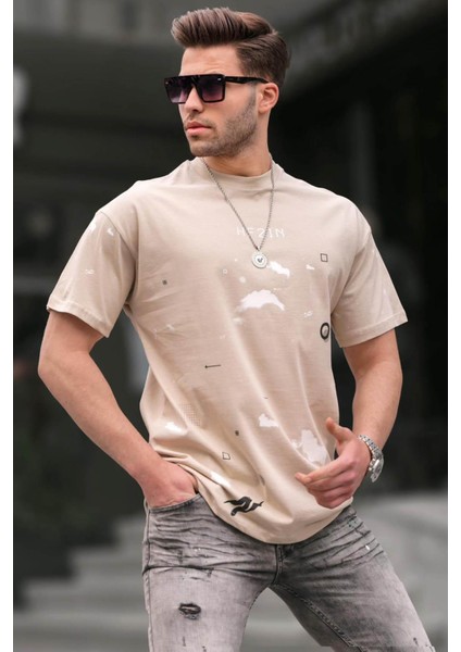 Bisiklet Yaka Regular Fit Bej Desenli Erkek Tişört 6115