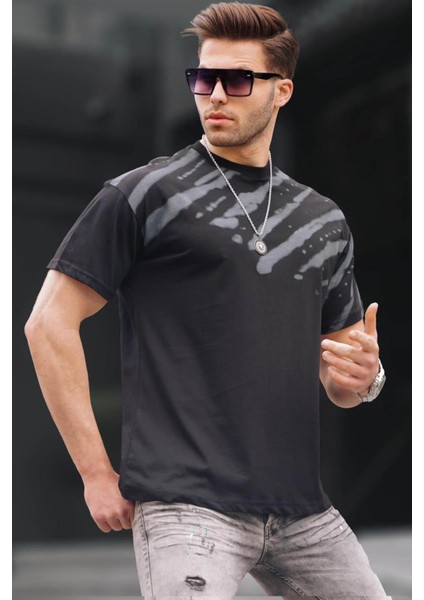 Siyah Desenli Over Fit Erkek Tişört 6116