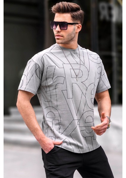 Erkek Boyalı Gri Harf Desenli Bisiklet Yaka T-Shirt 6061