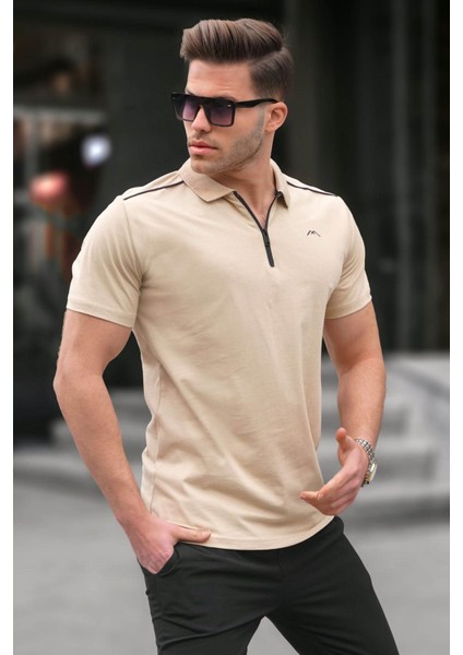 Erkek Bej Basic Fermuarlı Polo Tişört 6076