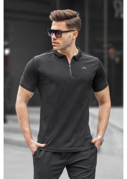 Erkek Siyah Basic Fermuarlı Polo Tişört 6076