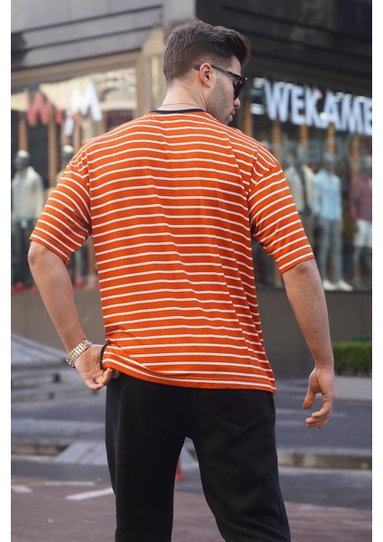 Erkek Turuncu Çizgili Basic Tişört 6084