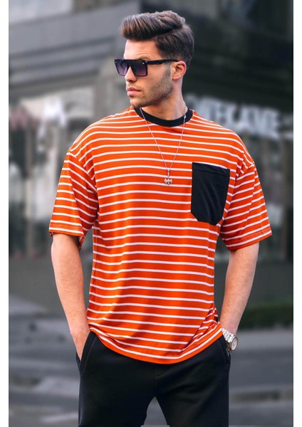 Erkek Turuncu Çizgili Basic Tişört 6084