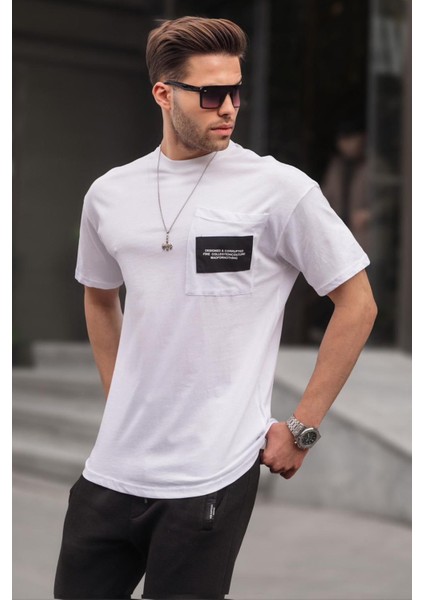Beyaz Bisiklet Yaka Cep Detaylı Tişört 6091