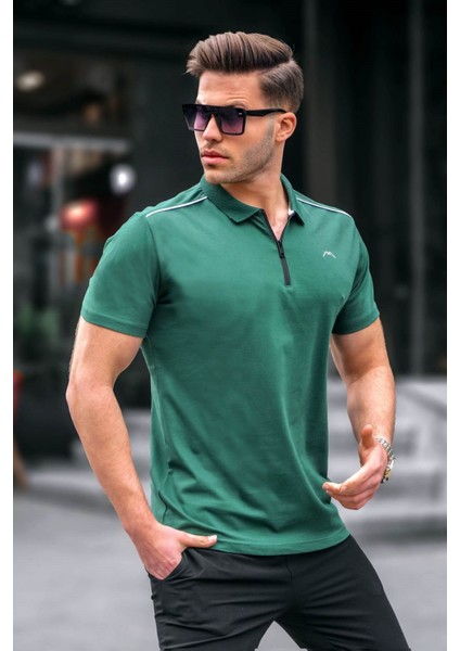 Erkek Koyu Yeşil Basic Fermuarlı Polo Tişört 6076