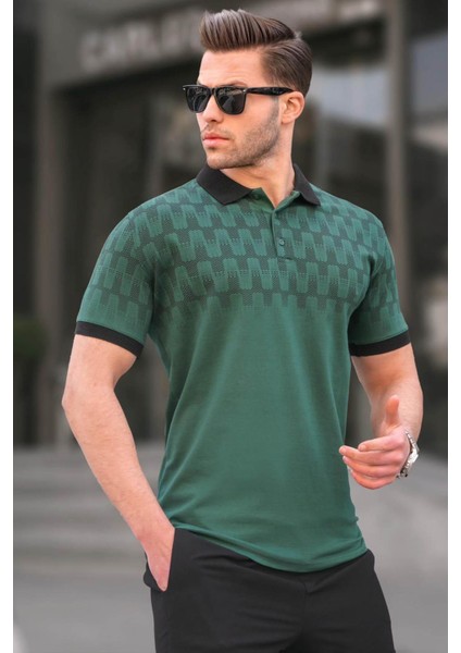 Koyu Yeşil Slim Fit Desenli Erkek Polo Tişört 6109