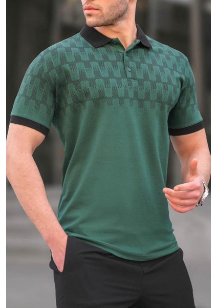 Koyu Yeşil Slim Fit Desenli Erkek Polo Tişört 6109