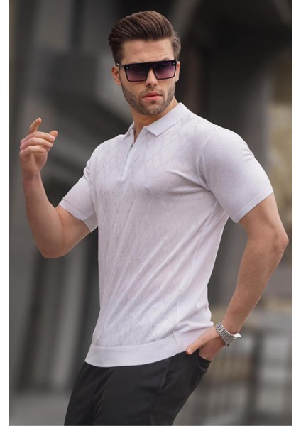 Desenli Triko Beyaz Polo Yaka Tişört 6357