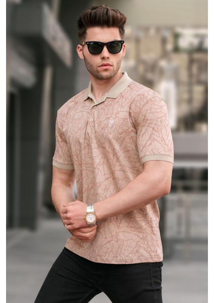 Bej Desenli Polo Yaka Tişört 5876