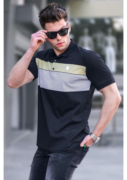 Siyah Çizgili Polo Yaka Erkek Tişört 5864