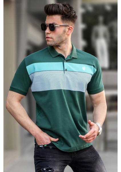 Yeşil Çizgili Polo Yaka Erkek Tişört 5864