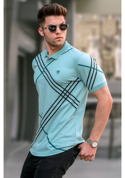 Mint Yeşili Desenli Polo Yaka Tişört 5870