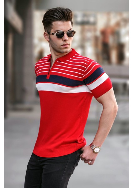Erkek Kırmızı Polo Yaka Fermuarlı Tişört 5732