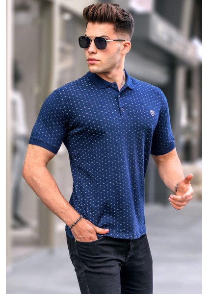 Lacivert Desenli Polo Yaka Tişört 5889