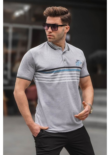 Gri Çizgili Polo Yaka Tişört 5869