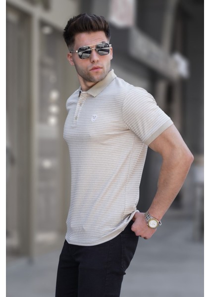 Bej Çizgili Polo Yaka Tişört 5881