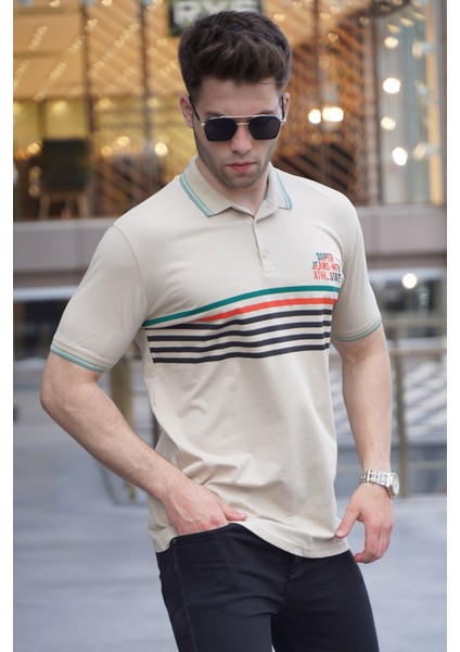 Bej Çizgili Polo Yaka Tişört 5869 modelleri