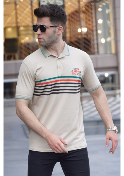 Bej Çizgili Polo Yaka Tişört 5869 fırsatları