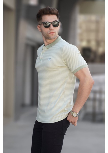 Mint Yeşili Çizgili Polo Yaka Tişört 5881